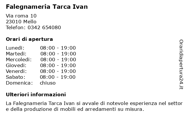 Falegnameria Tarca Ivan a Mello: indirizzo e orari di apertura