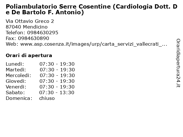Poliambulatorio Serre Cosentine (Cardiologia Dott. De De Bartolo F. Antonio) a Mendicino: indirizzo e orari di apertura