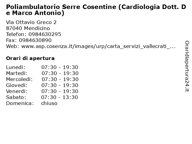 Poliambulatorio Serre Cosentine (Cardiologia Dott. De Marco Antonio) a Mendicino: indirizzo e orari di apertura