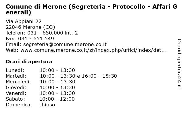 Comune di Merone (Segreteria - Protocollo - Affari Generali) a Merone (CO): indirizzo e orari di apertura