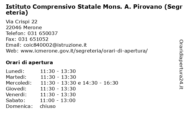 Istituto Comprensivo Statale Mons. A. Pirovano (Segreteria) a Merone: indirizzo e orari di apertura