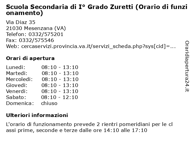 Scuola Secondaria di I° Grado Zuretti (Orario di funzionamento) a Mesenzana (VA): indirizzo e orari di apertura