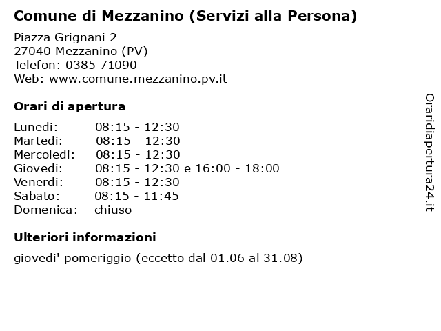 Comune di Mezzanino (Servizi alla Persona) a Mezzanino (PV): indirizzo e orari di apertura