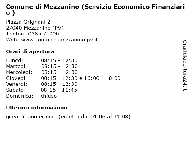 Comune di Mezzanino (Servizio Economico Finanziario ) a Mezzanino (PV): indirizzo e orari di apertura