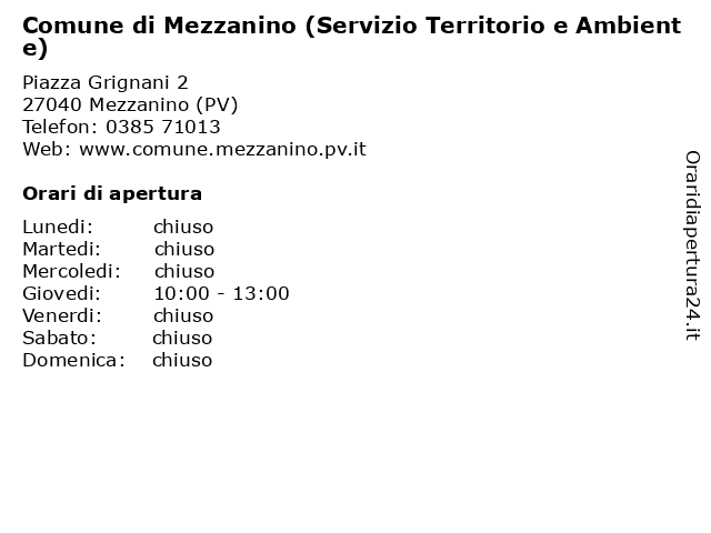 Comune di Mezzanino (Servizio Territorio e Ambiente) a Mezzanino (PV): indirizzo e orari di apertura