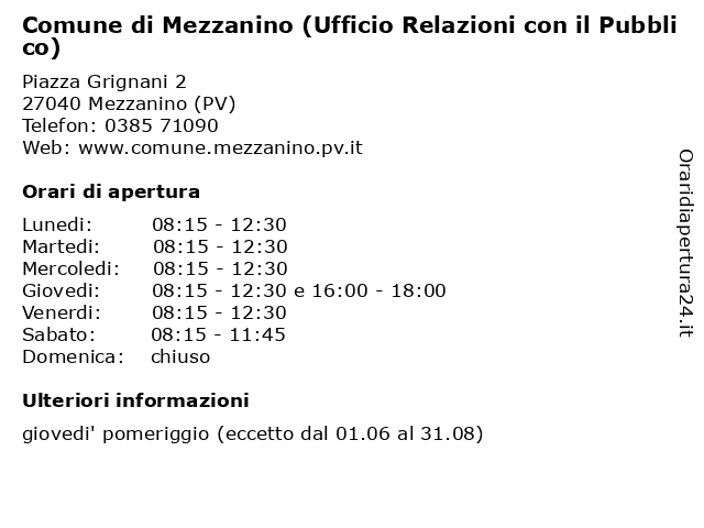 Comune di Mezzanino (Ufficio Relazioni con il Pubblico) a Mezzanino (PV): indirizzo e orari di apertura