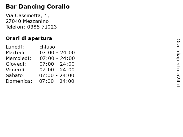 Bar Dancing Corallo a Mezzanino: indirizzo e orari di apertura
