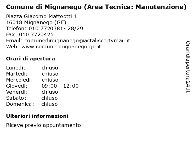Comune di Mignanego (Area Tecnica: Manutenzione) a Mignanego (GE): indirizzo e orari di apertura