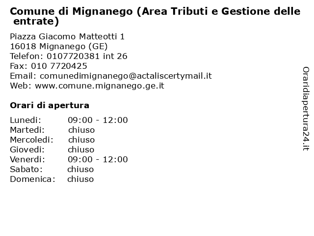Comune di Mignanego (Area Tributi e Gestione delle entrate) a Mignanego (GE): indirizzo e orari di apertura