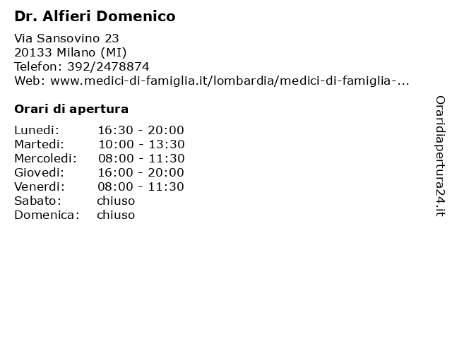 Dr. Alfieri Domenico a Milano (MI): indirizzo e orari di apertura