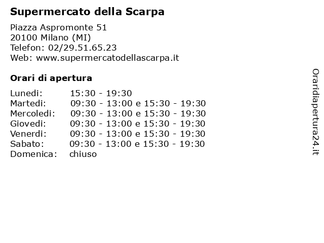 ᐅ Orari Supermercato della Scarpa | Piazza Aspromonte 51, 20100 Milano (MI)