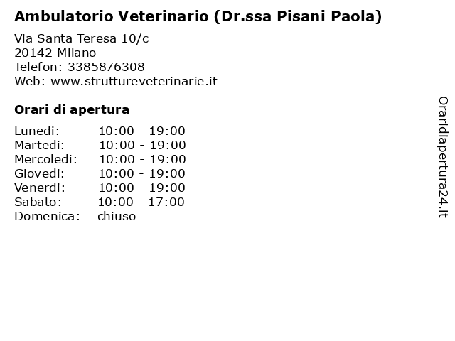 Ambulatorio Veterinario (Dr.ssa Pisani Paola) a Milano: indirizzo e orari di apertura