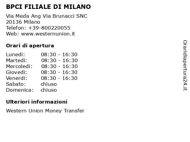 BPCI FILIALE DI MILANO a Milano: indirizzo e orari di apertura
