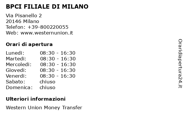 BPCI FILIALE DI MILANO a Milano: indirizzo e orari di apertura