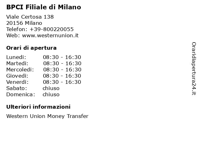 BPCI Filiale di Milano a Milano: indirizzo e orari di apertura