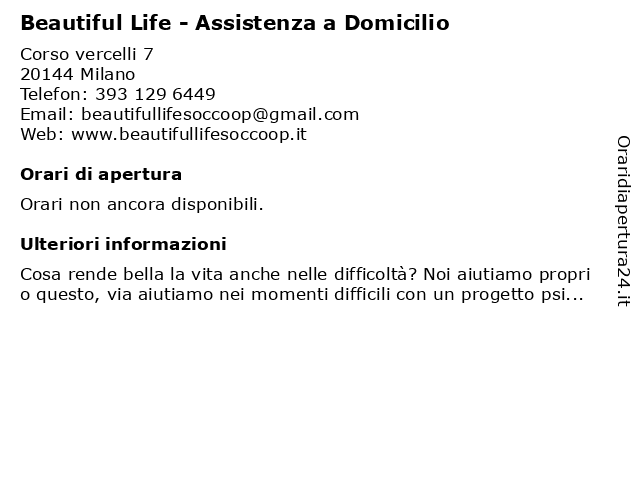 Beautiful Life - Assistenza a Domicilio a Milano: indirizzo e orari di apertura