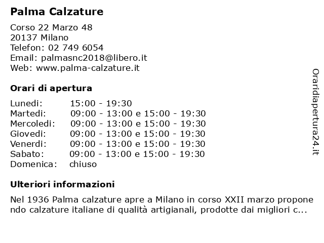 ᐅ Orari Calzature Palma Srl | Corso Ventidue Marzo 48, 20137 Milano