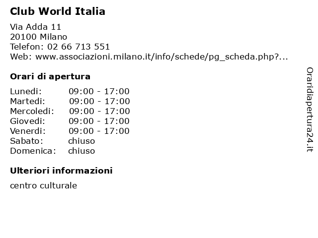 Club World Italia a Milano: indirizzo e orari di apertura
