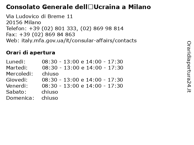 Consolato Generale dell’Ucraina a Milano a Milano: indirizzo e orari di apertura