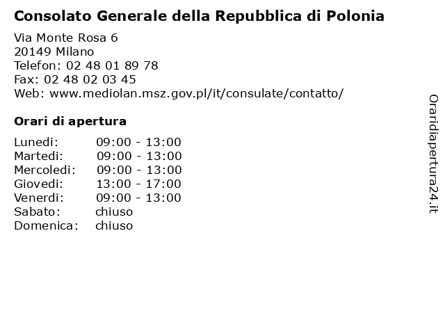 Consolato Generale della Repubblica di Polonia a Milano: indirizzo e orari di apertura