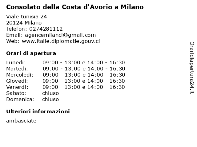 Consolato della Costa d'Avorio a Milano a Milano: indirizzo e orari di apertura