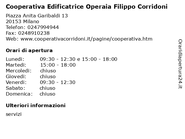 Cooperativa Edificatrice Operaia Filippo Corridoni a Milano: indirizzo e orari di apertura