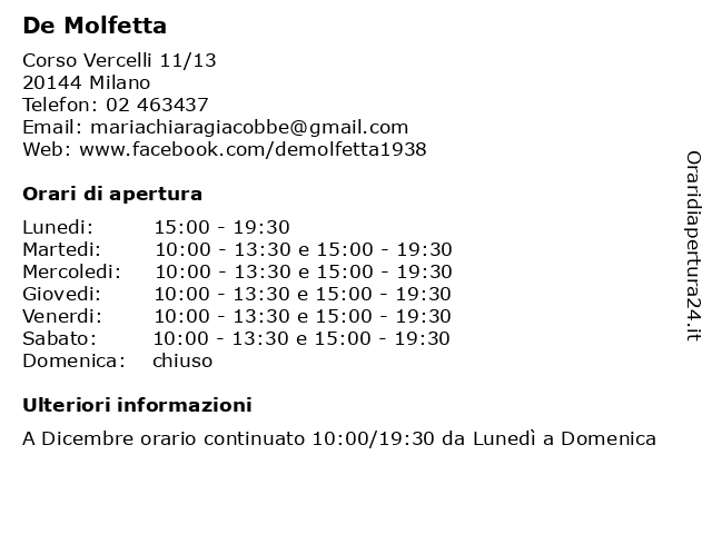 De Molfetta a Milano: indirizzo e orari di apertura