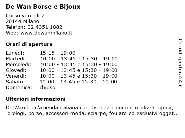 De Wan Borse e Bijoux a Milano: indirizzo e orari di apertura