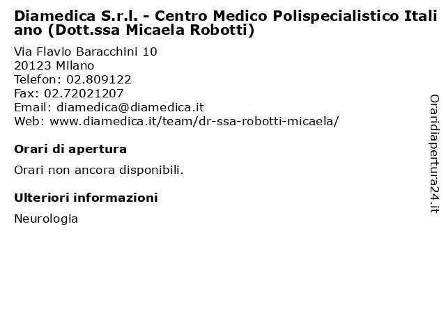 Diamedica S.r.l. - Centro Medico Polispecialistico Italiano (Dott.ssa Micaela Robotti) a Milano: indirizzo e orari di apertura