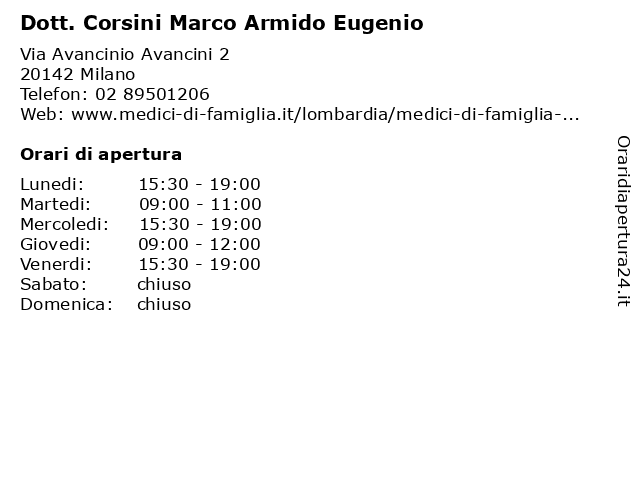 Dott. Corsini Marco Armido Eugenio a Milano: indirizzo e orari di apertura