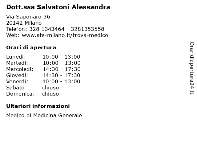 Dott.ssa Salvatoni Alessandra a Milano: indirizzo e orari di apertura