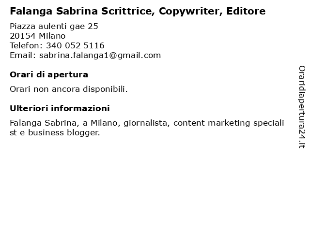 Falanga Sabrina Scrittrice, Copywriter, Editore a Milano: indirizzo e orari di apertura