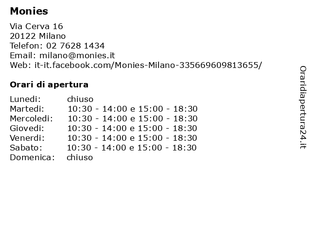 ᐅ Orari Monies Via Cerva 16 122 Milano