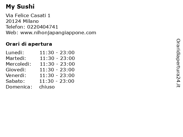 My Sushi a Milano: indirizzo e orari di apertura