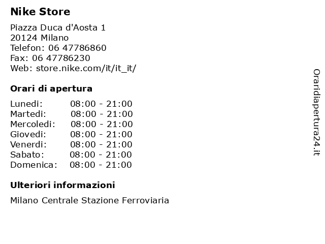 ᐅ Orari di apertura „Nike Store“ Piazza Duca d'Aosta