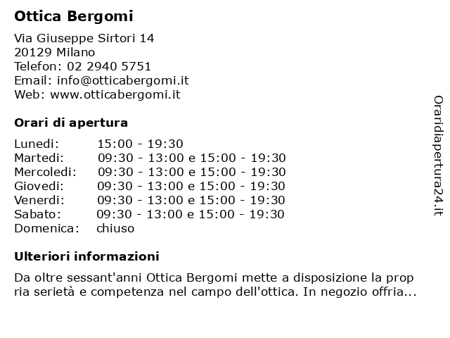 ᐅ Orari Ottica Bergomi Via Sirtori 14 129 Milano