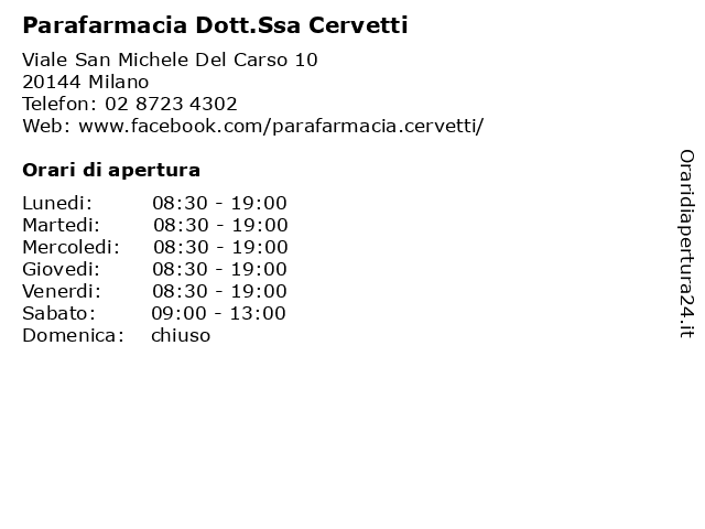 Parafarmacia Dott.Ssa Cervetti a Milano: indirizzo e orari di apertura