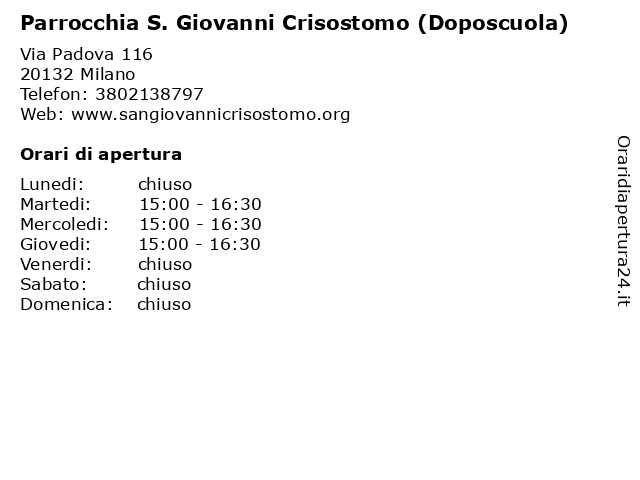 Parrocchia S. Giovanni Crisostomo (Doposcuola) a Milano: indirizzo e orari di apertura
