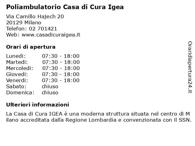 á… Orari Di Apertura Poliambulatorio Casa Di Cura Igea Via Camillo Hajech