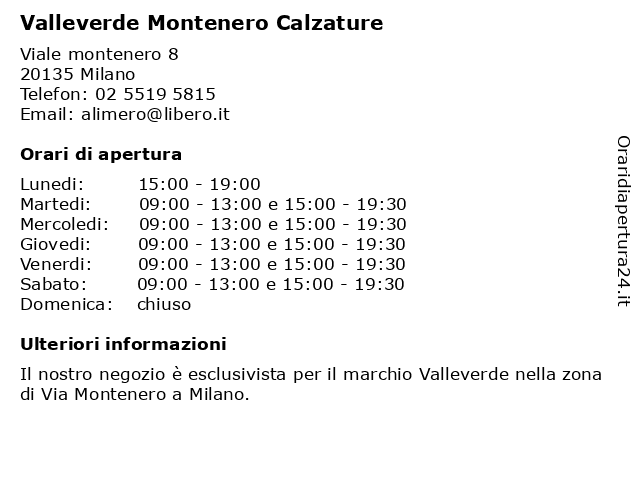 ᐅ Orari Valleverde Montenero Calzature | Viale montenero 8, 20135 Milano