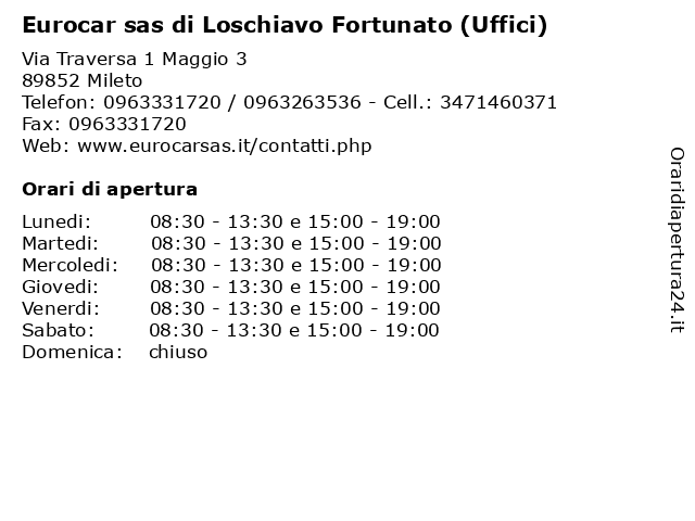 Eurocar sas di Loschiavo Fortunato (Uffici) a Mileto: indirizzo e orari di apertura