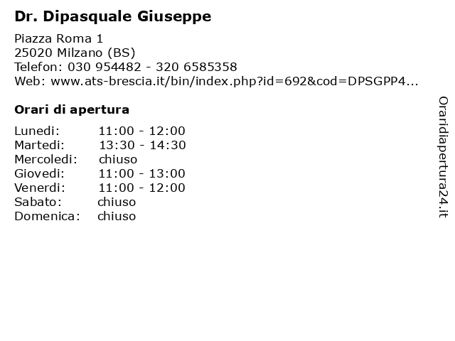 Dr. Dipasquale Giuseppe a Milzano (BS): indirizzo e orari di apertura