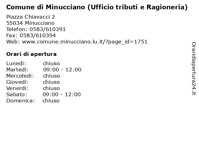Comune di Minucciano (Ufficio tributi e Ragioneria) a Minucciano: indirizzo e orari di apertura