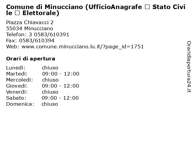 Comune di Minucciano (UfficioAnagrafe – Stato Civile – Elettorale) a Minucciano: indirizzo e orari di apertura