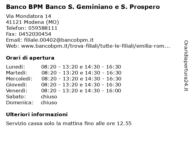 á… Orari Di Apertura Banco S Geminiano E S Prospero Via Mondatora