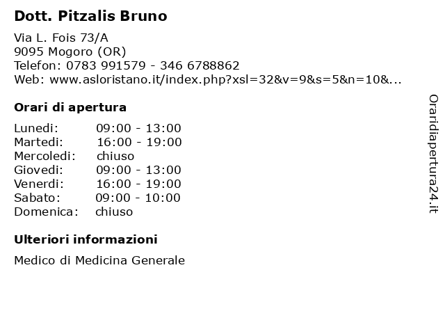 Dott. Pitzalis Bruno a Mogoro (OR): indirizzo e orari di apertura