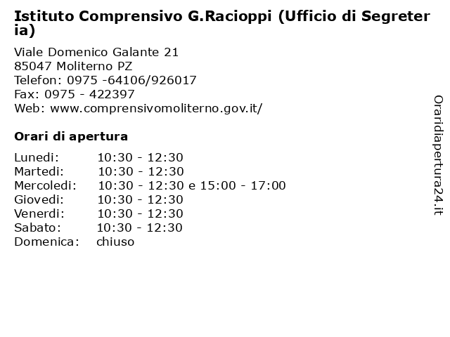 Istituto Comprensivo G.Racioppi (Ufficio di Segreteria) a Moliterno PZ: indirizzo e orari di apertura