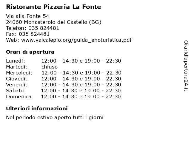 Ristorante Pizzeria La Fonte a Monasterolo del Castello (BG): indirizzo e orari di apertura