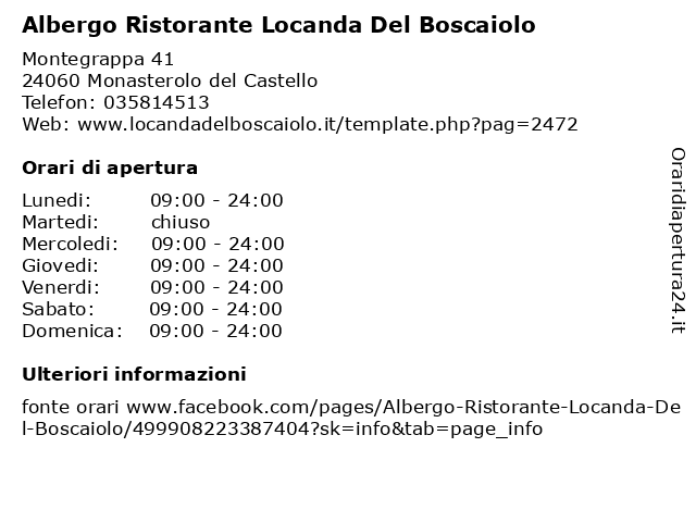 Albergo Ristorante Locanda Del Boscaiolo a Monasterolo del Castello: indirizzo e orari di apertura