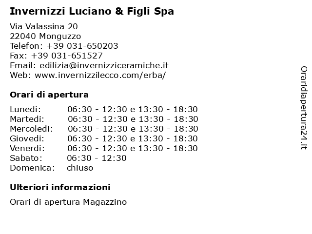 Invernizzi Luciano & Figli Spa a Monguzzo: indirizzo e orari di apertura